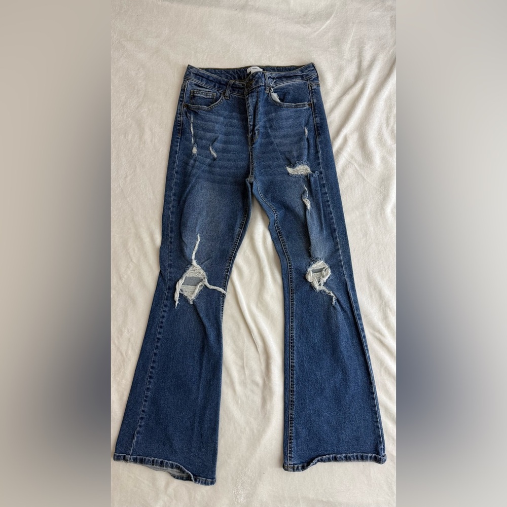 Forever 21 Dark Blue Distressed Flare Jeans